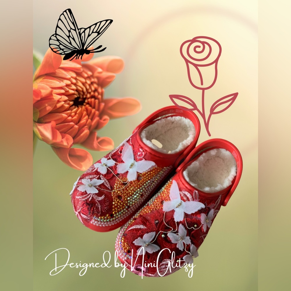 Custom Bedazzled Red Floral Butterfly | Croc ish | Size 8 | Unique Clog